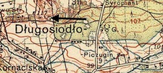 Przedwojenna mapa okolic Dugosioda. Strzak zaznaczono domniemany cmentarz ydowski.