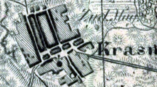 Plan okolic Krasnopola z 1839 z zaznaczeniem cmentarza ydowskiego ("yd.[owskie] Mog.[iki]")