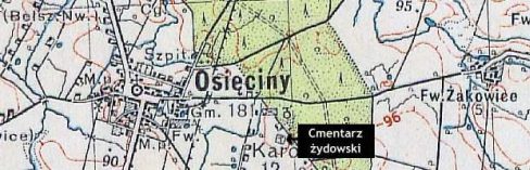 Plan okolic Osicin z 1934 roku, z zaznaczonym cmentarzem ydowskim