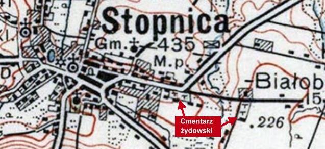 Plan Stopnicy z 1938 r. z zaznaczeniem cmentarzy ydowskich (rdo: www.mapywig.org)
